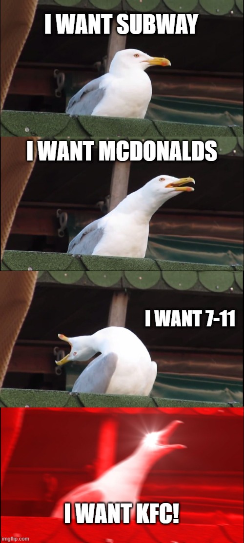 Food Meme | I WANT SUBWAY; I WANT MCDONALDS; I WANT 7-11; I WANT KFC! | image tagged in memes,inhaling seagull | made w/ Imgflip meme maker