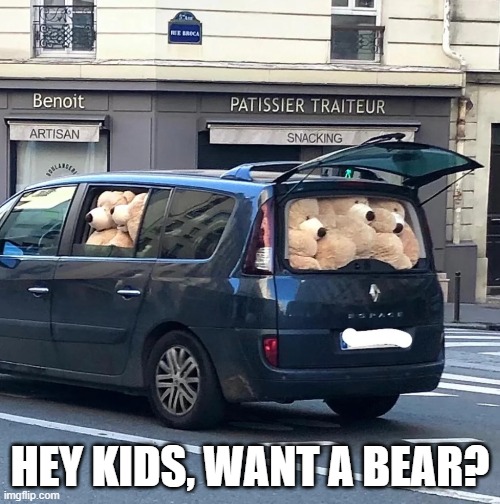 Kidnapper Ahoy | HEY KIDS, WANT A BEAR? | image tagged in dark humor | made w/ Imgflip meme maker