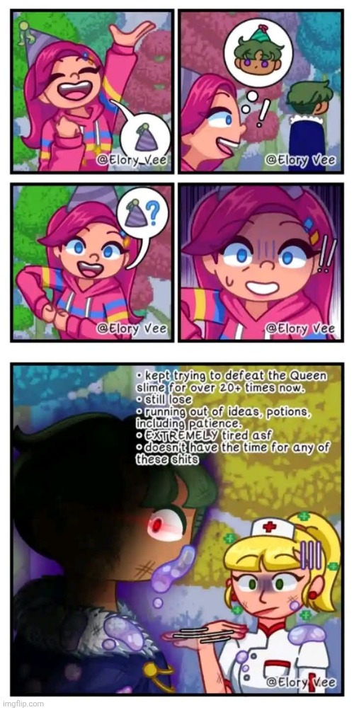 Now is not the time to celebrate, Party Girl. (Terraria comic by Elory Vee) | image tagged in terraria,video games,comics/cartoons | made w/ Imgflip meme maker