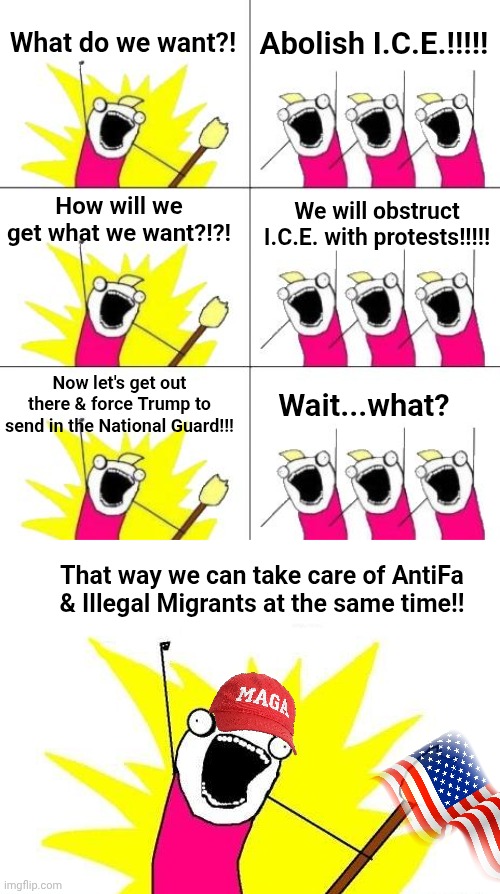 It's perfectly legal to try and hijack a protestor rally... Just sayin' | What do we want?! Abolish I.C.E.!!!!! How will we get what we want?!?! We will obstruct I.C.E. with protests!!!!! Now let's get out there & force Trump to send in the National Guard!!! Wait...what? That way we can take care of AntiFa & Illegal Migrants at the same time!! | image tagged in memes,what do we want 3,x all the y | made w/ Imgflip meme maker