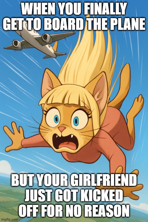 cute falling kitty | WHEN YOU FINALLY GET TO BOARD THE PLANE; BUT YOUR GIRLFRIEND JUST GOT KICKED OFF FOR NO REASON | image tagged in cute falling kitty | made w/ Imgflip meme maker