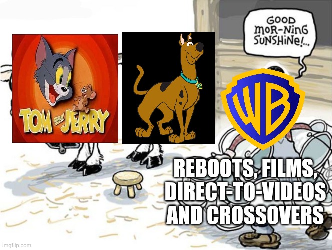 Warner Bros. appears to keep milking Tom and Jerry and Scooby-Doo every year. | REBOOTS, FILMS, DIRECT-TO-VIDEOS AND CROSSOVERS | image tagged in milking the cow,warner bros,tom and jerry,scooby doo,cartoons | made w/ Imgflip meme maker
