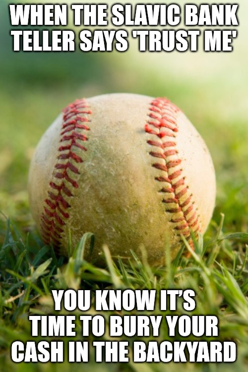 baseball | WHEN THE SLAVIC BANK TELLER SAYS 'TRUST ME'; YOU KNOW IT’S TIME TO BURY YOUR CASH IN THE BACKYARD | image tagged in baseball,slavic lives matter | made w/ Imgflip meme maker