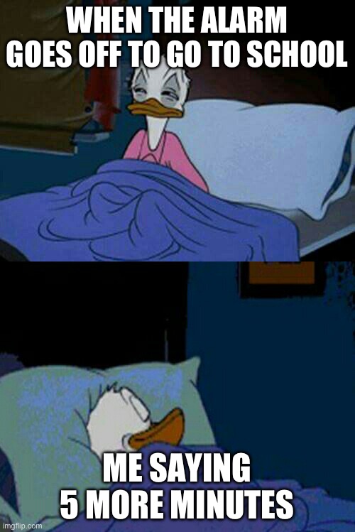School Alarm Be Like | WHEN THE ALARM GOES OFF TO GO TO SCHOOL; ME SAYING 5 MORE MINUTES | image tagged in sleepy donald duck in bed,school,wake up | made w/ Imgflip meme maker