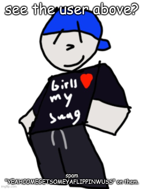 girls love my swag | see the user above? spam "YEAHCOMEGETSOMEYAFLIPPINWUSS" on them. | image tagged in girls love my swag | made w/ Imgflip meme maker