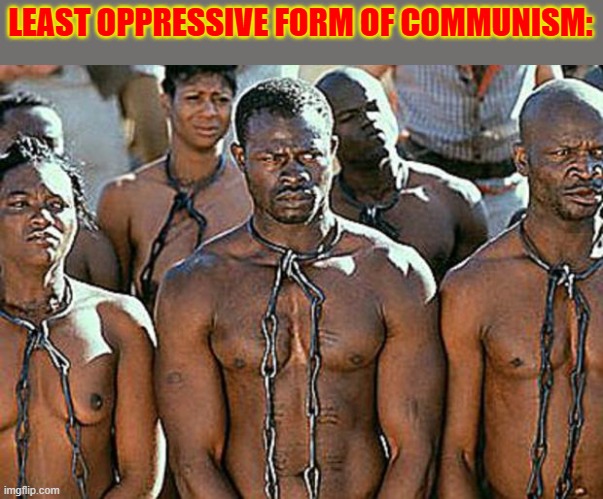 ""christian"" communism is oppressive like most other types of communism | LEAST OPPRESSIVE FORM OF COMMUNISM: | image tagged in slavery,communism,christianity,oppression | made w/ Imgflip meme maker