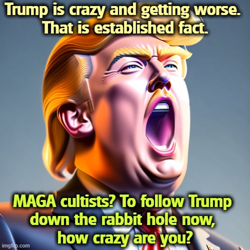 Trump is crazy and getting worse. 
That is established fact. MAGA cultists? To follow Trump 
down the rabbit hole now, 
how crazy are you? | image tagged in trump,crazy,senile dementia,maga,insane | made w/ Imgflip meme maker