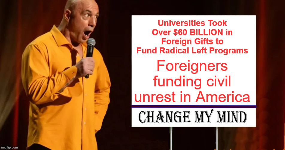Foreigners funding civil unrest in America... you can thank dems and rinos | Universities Took Over $60 BILLION in Foreign Gifts to Fund Radical Left Programs; Foreigners funding civil unrest in America | image tagged in foreigners,funding,civil unrest in america | made w/ Imgflip meme maker
