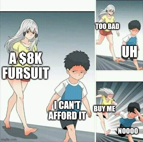 Anime boy running | TOO BAD; UH; A $8K FURSUIT; I CAN'T AFFORD IT; BUY ME; NOOOO | image tagged in anime boy running | made w/ Imgflip meme maker