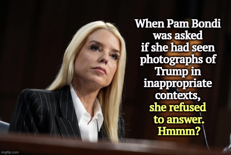 Pam Bondi | When Pam Bondi 
was asked 
if she had seen 
photographs of 
Trump in 
inappropriate 
contexts, she refused 
to answer.
Hmmm? | image tagged in pam bondi,trump,jeffrey epstein,photos,cover up | made w/ Imgflip meme maker