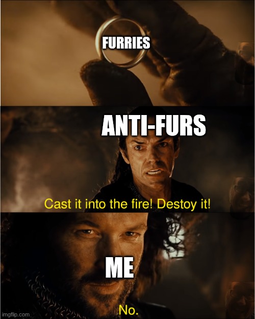 cast it into the fire | FURRIES; ANTI-FURS; ME | image tagged in cast it into the fire | made w/ Imgflip meme maker