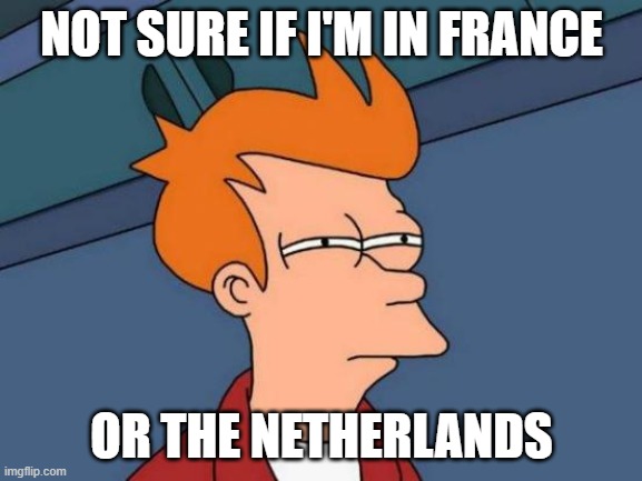 Futurama Fry Meme | NOT SURE IF I'M IN FRANCE; OR THE NETHERLANDS | image tagged in memes,futurama fry | made w/ Imgflip meme maker