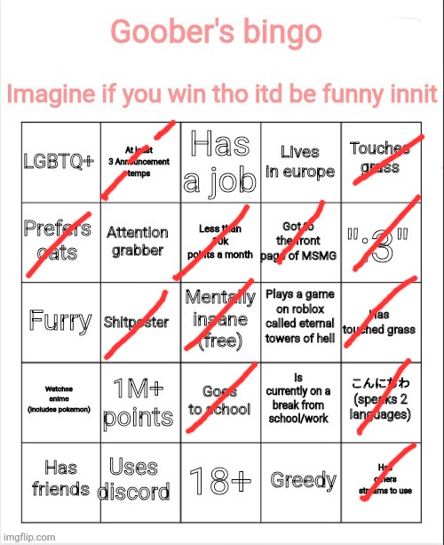 i plan making the 3rd annoc temp (also hi chat) | image tagged in my bingo | made w/ Imgflip meme maker