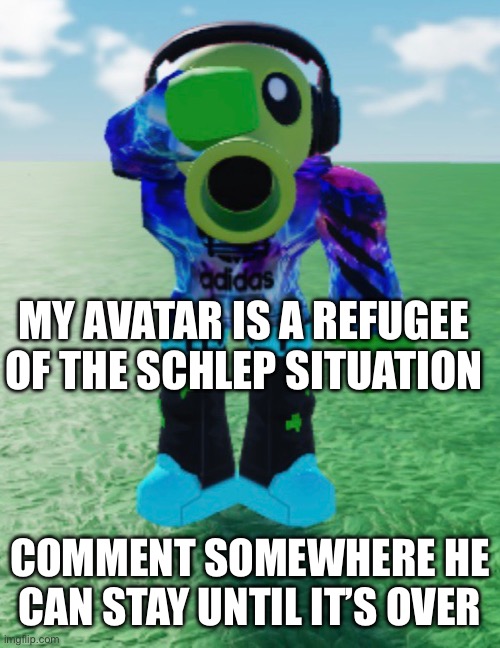 Can you do me a favor? | MY AVATAR IS A REFUGEE OF THE SCHLEP SITUATION; COMMENT SOMEWHERE HE CAN STAY UNTIL IT’S OVER | image tagged in roblox | made w/ Imgflip meme maker