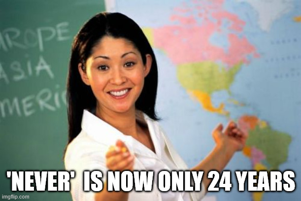 Unhelpful High School Teacher Meme | 'NEVER'  IS NOW ONLY 24 YEARS | image tagged in memes,unhelpful high school teacher | made w/ Imgflip meme maker