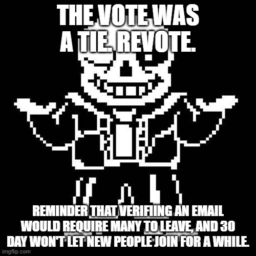Make a decision. | THE VOTE WAS A TIE. REVOTE. REMINDER THAT VERIFIING AN EMAIL WOULD REQUIRE MANY TO LEAVE, AND 30 DAY WON'T LET NEW PEOPLE JOIN FOR A WHILE. | image tagged in sans undertale | made w/ Imgflip meme maker