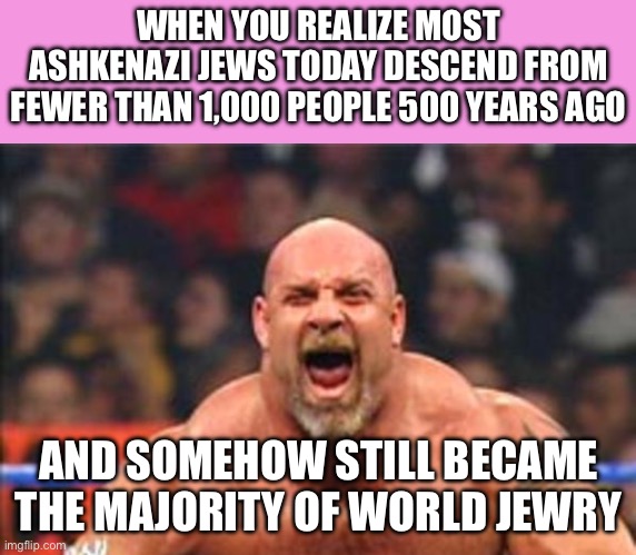 WHEN YOU REALIZE MOST ASHKENAZI JEWS TODAY DESCEND FROM FEWER THAN 1,000 PEOPLE 500 YEARS AGO | WHEN YOU REALIZE MOST ASHKENAZI JEWS TODAY DESCEND FROM FEWER THAN 1,000 PEOPLE 500 YEARS AGO; AND SOMEHOW STILL BECAME THE MAJORITY OF WORLD JEWRY | image tagged in goldberg,jews,israel jews,jewish,genetics,european | made w/ Imgflip meme maker
