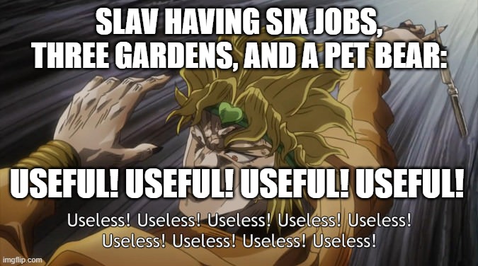 USELESS | SLAV HAVING SIX JOBS, THREE GARDENS, AND A PET BEAR:; USEFUL! USEFUL! USEFUL! USEFUL! | image tagged in useless,slavic lives matter,black lives matter | made w/ Imgflip meme maker