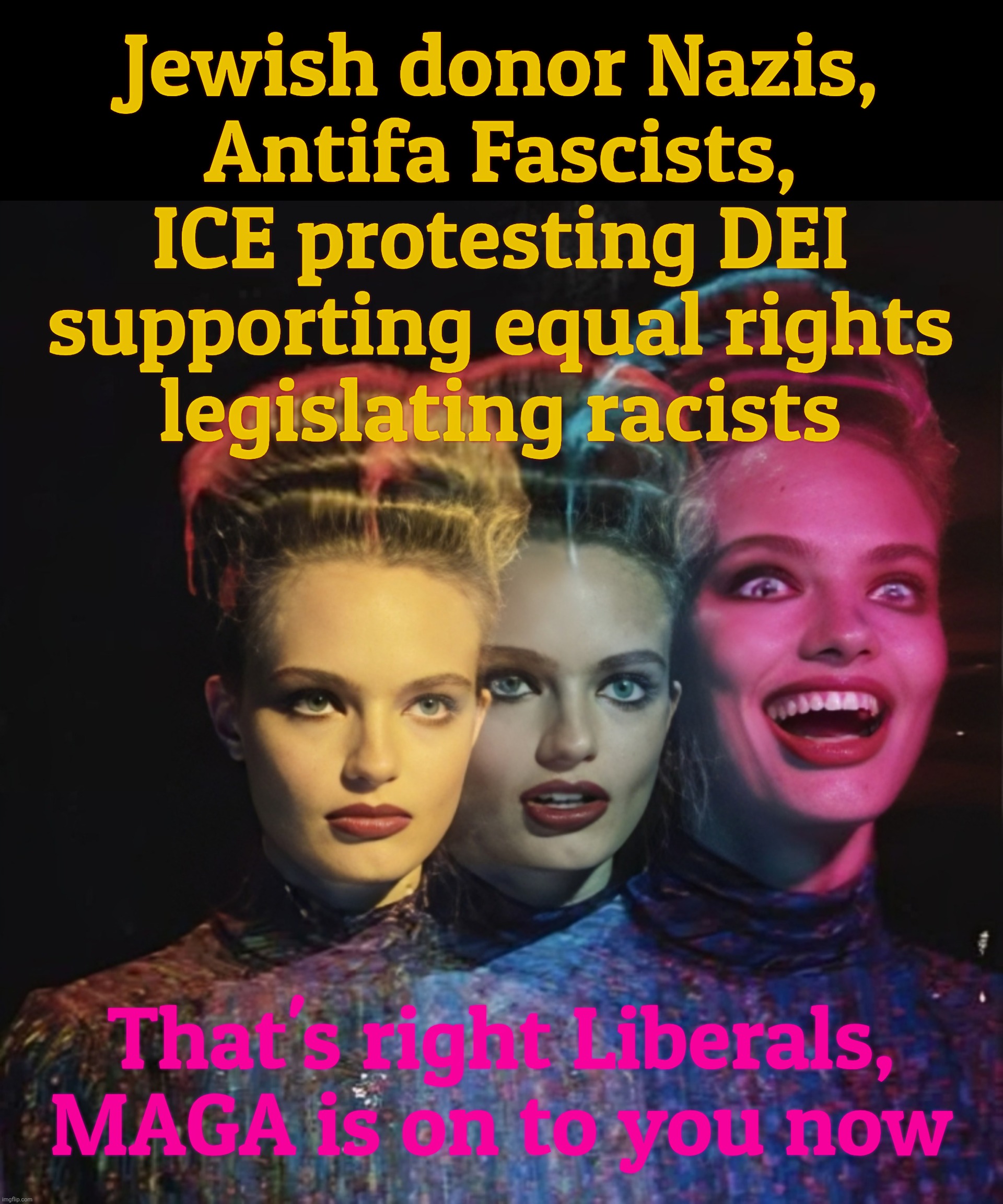l | Jewish donor Nazis,
Antifa Fascists, ICE protesting DEI supporting equal rights
legislating racists; That's right Liberals, MAGA is on to you now | image tagged in l | made w/ Imgflip meme maker