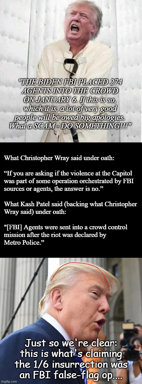 Think back, Trump-cult kids... do you remember who was POTUS on January 6, 2021? Was it Joe Biden or Dear Leader? | "THE BIDEN FBI PLACED 274
AGENTS INTO THE CROWD
ON JANUARY 6. If this is so,
which it is, a lot of very good
people will be owed big apologies.
What a SCAM - DO SOMETHING!!!"; What Christopher Wray said under oath:
 
“If you are asking if the violence at the Capitol
was part of some operation orchestrated by FBI
sources or agents, the answer is no.”
 
What Kash Patel said (backing what Christopher
Wray said) under oath:
 
"[FBI] Agents were sent into a crowd control
mission after the riot was declared by
Metro Police.”; Just so we're clear:
this is what's claiming
the 1/6 insurrection was
an FBI false-flag op.... | image tagged in crazy trump,peabrain,less brain equals faster steeper decline,the dementia is really showing | made w/ Imgflip meme maker