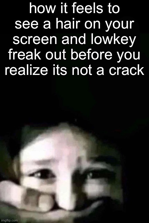 hand from void over mouth | how it feels to see a hair on your screen and lowkey freak out before you realize its not a crack | image tagged in hand from void over mouth | made w/ Imgflip meme maker