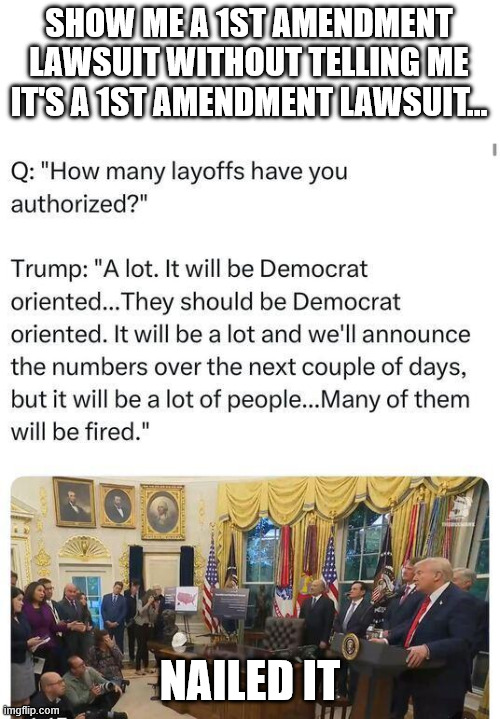 SHOW ME A 1ST AMENDMENT LAWSUIT WITHOUT TELLING ME IT'S A 1ST AMENDMENT LAWSUIT... NAILED IT | made w/ Imgflip meme maker