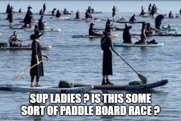 SUP ladies. Is this a stand-up paddle board race?  --  funny  -- | SUP LADIES ? IS THIS SOME SORT OF PADDLE BOARD RACE ? | image tagged in funny,sports,halloween,witches,paddling,humor | made w/ Imgflip meme maker