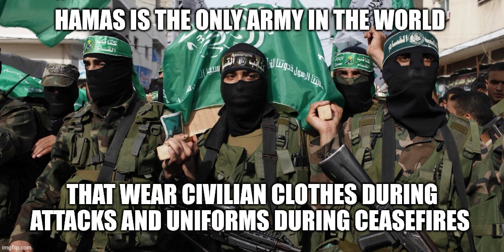 Because they are cowards | HAMAS IS THE ONLY ARMY IN THE WORLD; THAT WEAR CIVILIAN CLOTHES DURING ATTACKS AND UNIFORMS DURING CEASEFIRES | image tagged in hamas | made w/ Imgflip meme maker
