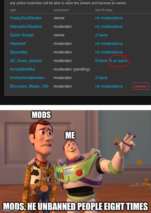 HE UNBANNED EIGHT PEOPLE | MODS; ME; MODS, HE UNBANNED PEOPLE EIGHT TIMES | image tagged in memes,x x everywhere | made w/ Imgflip meme maker