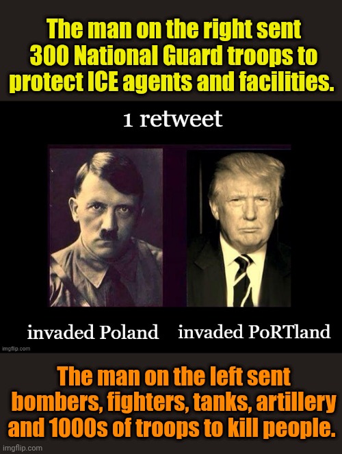Why TLCM... And are delusional idiots | The man on the right sent 300 National Guard troops to protect ICE agents and facilities. The man on the left sent bombers, fighters, tanks, artillery and 1000s of troops to kill people. | made w/ Imgflip meme maker
