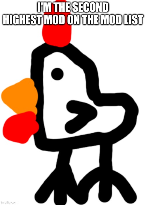 Chicken | I'M THE SECOND HIGHEST MOD ON THE MOD LIST | image tagged in chicken | made w/ Imgflip meme maker