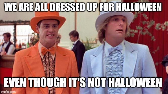 Halloween costume | WE ARE ALL DRESSED UP FOR HALLOWEEN; EVEN THOUGH IT'S NOT HALLOWEEN | image tagged in dumb and dumber,funny memes | made w/ Imgflip meme maker