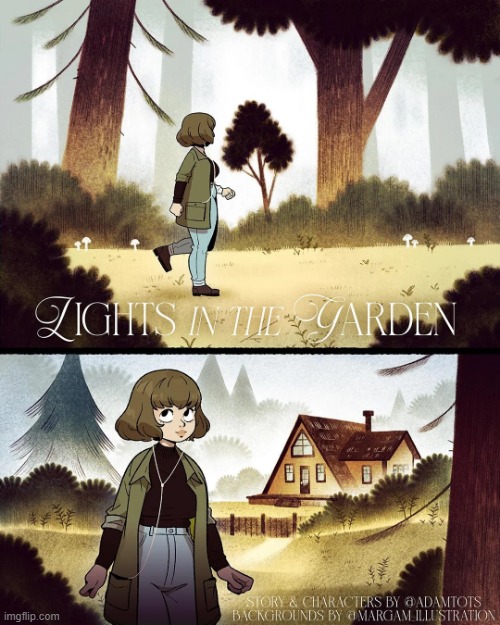 A dark graphic story called 'Lights In The Garden' by Adam Ellis (I'll be posting this story for the next few days!) | image tagged in lights,garden,forest,woods,walk,walking | made w/ Imgflip meme maker
