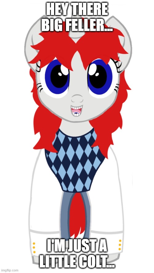 Hi There Big Feller... I'm Just A Little Colt... | HEY THERE BIG FELLER... I'M JUST A LITTLE COLT... | image tagged in colt l money front view - october 11th 2025,mlp fim,mlp,l money,my little pony | made w/ Imgflip meme maker