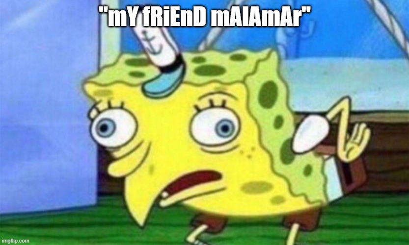 "mY fRiEnD mAlAmAr" | image tagged in spongebob stupid | made w/ Imgflip meme maker