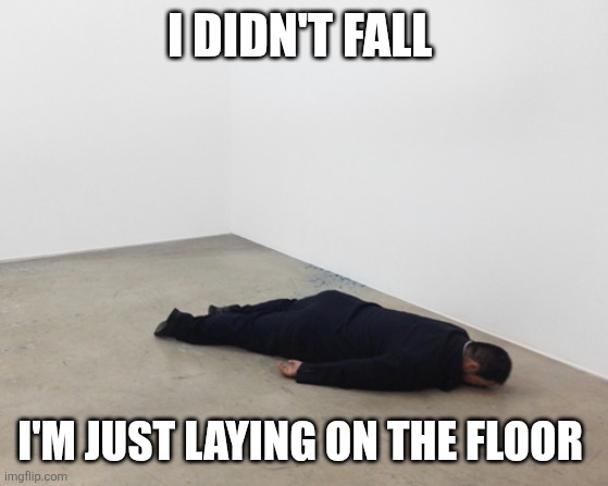 Didn't fall | I DIDN'T FALL; I'M JUST LAYING ON THE FLOOR | image tagged in laying on floor,funny memes | made w/ Imgflip meme maker