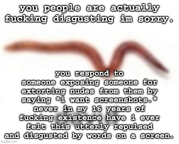 may whatever god you believe in find your soul unfit for heaven. | you respond to someone exposing someone for extorting nudes from them by saying "i want screenshots." never in my 16 years of fucking existence have i ever felt this utterly repulsed and disgusted by words on a screen. you people are actually fucking disgusting im sorry. | image tagged in david | made w/ Imgflip meme maker