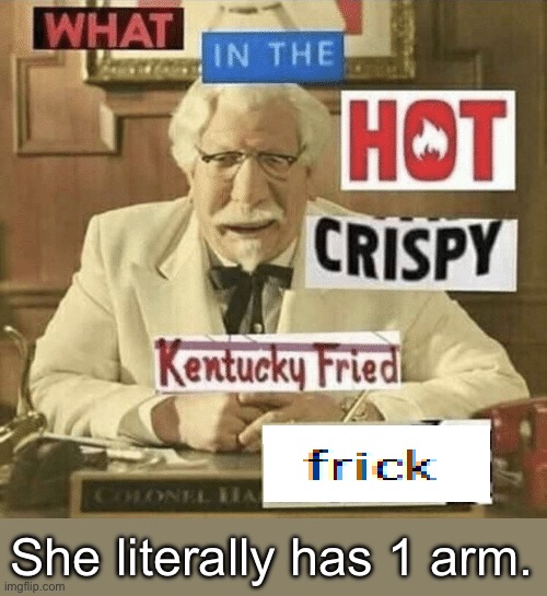 what in the hot crispy kentucky fried frick | She literally has 1 arm. | image tagged in what in the hot crispy kentucky fried frick | made w/ Imgflip meme maker