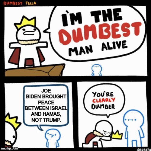 Yeah a reporter actually tried going with that leftist 'interpretation' of events. | JOE BIDEN BROUGHT PEACE BETWEEN ISRAEL AND HAMAS, NOT TRUMP. | image tagged in i'm the dumbest man alive | made w/ Imgflip meme maker