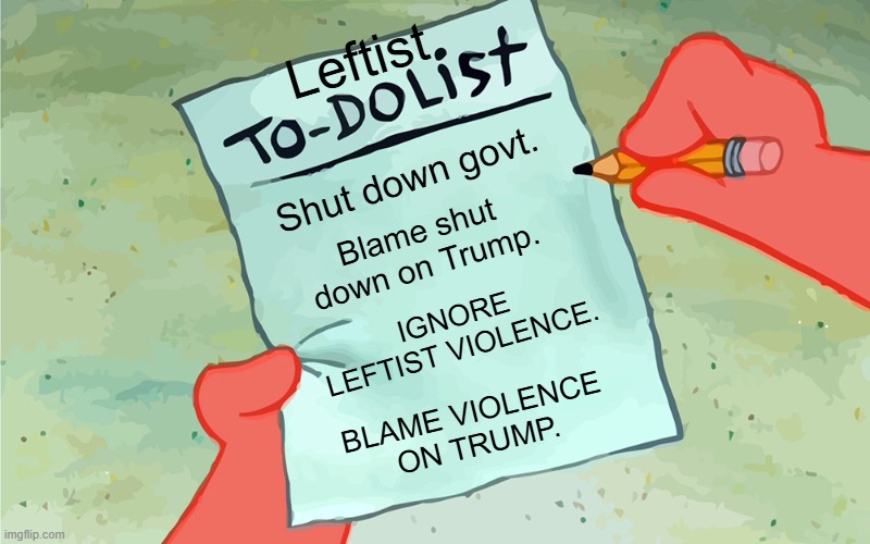 Hope citizens don't detect the slight-of-hand. | Leftist; Shut down govt. Blame shut down on Trump. IGNORE LEFTIST VIOLENCE. BLAME VIOLENCE ON TRUMP. | image tagged in patrick to do list actually blank | made w/ Imgflip meme maker