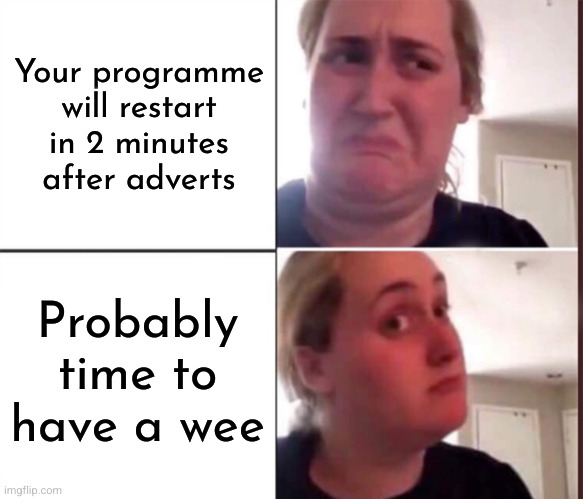 Maximize your day | Your programme will restart in 2 minutes after adverts; Probably time to have a wee | image tagged in kombucha girl,advert,ad break,wee | made w/ Imgflip meme maker