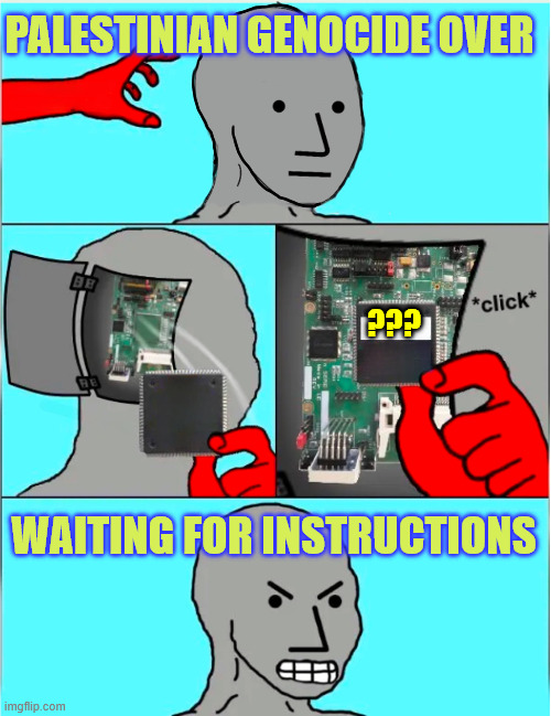 NPC Update Chip | PALESTINIAN GENOCIDE OVER ??? WAITING FOR INSTRUCTIONS | image tagged in npc update chip | made w/ Imgflip meme maker