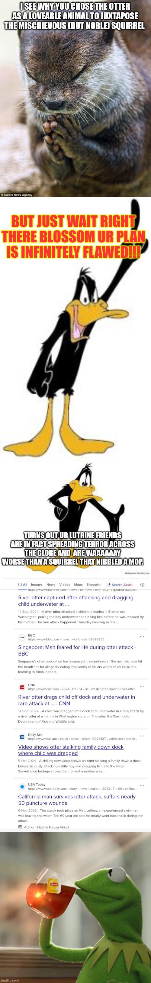 I SEE WHY YOU CHOSE THE OTTER AS A LOVEABLE ANIMAL TO JUXTAPOSE THE MISCHIEVOUS (BUT NOBLE) SQUIRREL BUT JUST WAIT RIGHT THERE BLOSSOM UR PL | image tagged in thank you lord otter,daffy duck,daffy duck welcome,memes,but that's none of my business | made w/ Imgflip meme maker