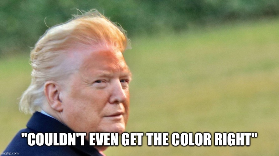 Trump orange face | "COULDN'T EVEN GET THE COLOR RIGHT" | image tagged in trump orange face | made w/ Imgflip meme maker