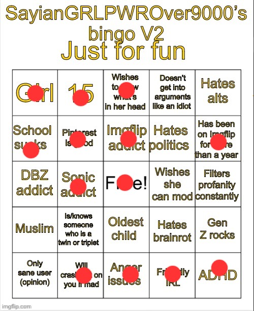 I am turning 15 in less than 2 weeks so I'm just gonna check the 15 | image tagged in sayiangrlpwrover9000 s bingo v2 | made w/ Imgflip meme maker
