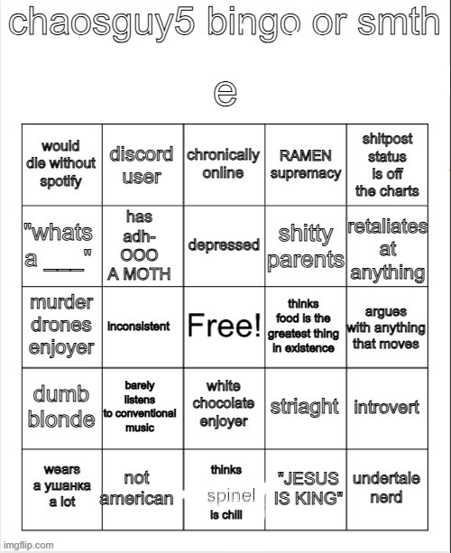 outdated but fixed (screenshot this, don’t click the template) | spinel | image tagged in chaos bingo | made w/ Imgflip meme maker