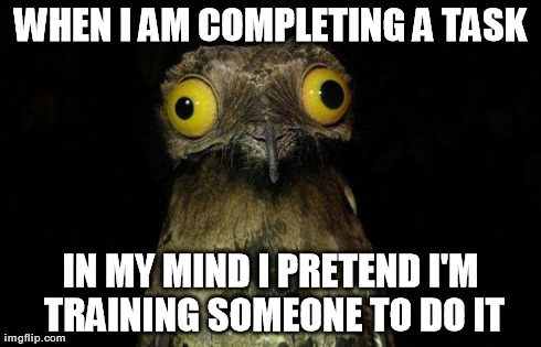 Weird Stuff I Do Potoo Meme | WHEN I AM COMPLETING A TASK IN MY MIND I PRETEND I'M TRAINING SOMEONE TO DO IT | image tagged in memes,weird stuff i do potoo | made w/ Imgflip meme maker