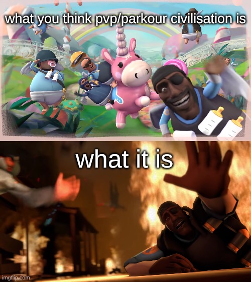 Imagination vs Reality | what you think pvp/parkour civilisation is what it is | image tagged in imagination vs reality | made w/ Imgflip meme maker