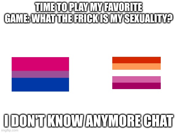 bruh ;-; | TIME TO PLAY MY FAVORITE GAME: WHAT THE FRICK IS MY SEXUALITY? I DON'T KNOW ANYMORE CHAT | image tagged in blank white template | made w/ Imgflip meme maker