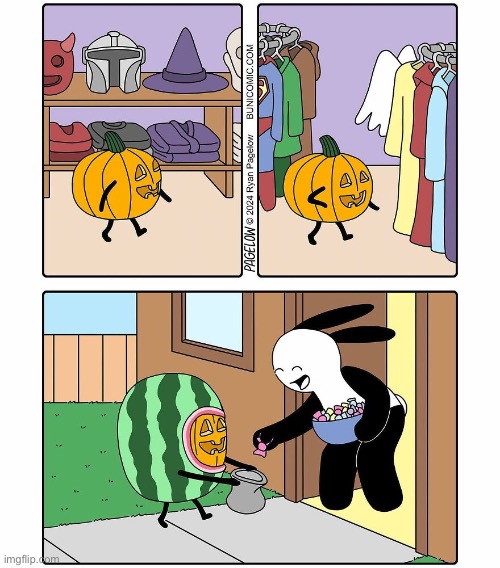 image tagged in comics,buni comics,halloween,pumpkin,costume,watermelon | made w/ Imgflip meme maker